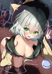 Rule 34 | 1girl, absurdres, bare shoulders, black hat, breasts, cleavage, dfra, green eyes, hat, highres, komeiji koishi, large breasts, light green hair, looking at viewer, medium breasts, open mouth, solo, touhou, wide sleeves