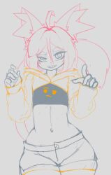 Rule 34 | 1girl, absurdres, ahoge, animal ear fluff, animal ears, black shirt, bob cut, cat ears, cat girl, cat tail, cowboy shot, crop top, female focus, fir3born, grey background, grey theme, grin, hair between eyes, half-closed eye, hands up, happy, highres, hood, hood down, hooded shrug, long sleeves, looking at viewer, midriff, monochrome, navel, original, pink hair, pointing, pointing at viewer, sharp teeth, shirt, short hair, short shorts, shorts, shrug (clothing), sidelocks, simple background, smile, solo, standing, stomach, straight-on, tail, teeth, thonk (fir3born), uneven eyes, wide hips