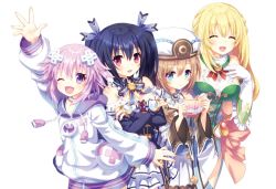 Rule 34 | 10s, 4girls, :d, ;d, ^ ^, bare shoulders, black hair, blanc (neptunia), blonde hair, blue eyes, blush, book, braid, breasts, brown hair, cleavage, closed eyes, closed mouth, d-pad, detached collar, detached sleeves, dress, french braid, gloves, hair ornament, hairpin, happy, hat, hood, hoodie, jewelry, large breasts, long hair, looking at viewer, multiple girls, narinn, neptune (neptunia), neptune (series), noire (neptunia), one eye closed, open mouth, pink hair, purple eyes, red eyes, ribbon, shin jigen game neptune vii, shiny skin, short hair, simple background, skirt, smile, striped legwear, thighhighs, twintails, vert (neptunia), white background