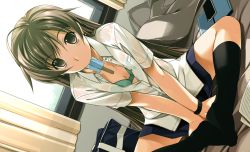 Rule 34 | bad id, bad pixiv id, bra, brown eyes, brown hair, curtains, dutch angle, feet, feet together, food, kneehighs, long hair, mouth hold, no shoes, original, popsicle, school uniform, shikei, shirt, sitting, skirt, socks, solo, spread legs, sweat, underwear, v arms, watch, wet, wet clothes, wet shirt, window