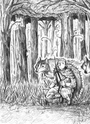 Rule 34 | 1boy, absurdres, animal, arrow (projectile), bow (weapon), cloak, closed mouth, commentary, dungeon meshi, english commentary, forest, full body, grass, greyscale, highres, holding, holding bow (weapon), holding weapon, laios touden, long sleeves, looking at viewer, male focus, monochrome, nature, outdoors, pelt, screachogreilige, short hair, solo, squatting, tree, undercut, very short hair, weapon, wolf