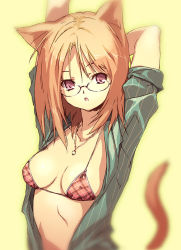 Rule 34 | 1girl, animal ears, arms behind head, bikini, breasts, cat ears, cat tail, covered erect nipples, glasses, jewelry, mamecchi, medium breasts, necklace, neko no wakusei, open clothes, open shirt, orange hair, original, red eyes, shirt, sleeves rolled up, solo, stretching, swimsuit, tail