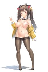 Rule 34 | 1girl, absurdres, animal ears, arm up, bare shoulders, black footwear, black pantyhose, bow, bowtie, breasts, brown eyes, brown hair, cat ears, clothes pull, detached collar, groin, hairband, highres, jacket, keibeam, legs, long hair, nipples, no panties, no shirt, off shoulder, original, pantyhose, pantyhose pull, pussy, see-through, shoes, simple background, solo, thighs, twintails, v, white background, yellow jacket