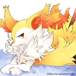 Rule 34 | 1girl, animal ear fluff, animal ears, animal hands, animal nose, artist name, bed sheet, blush, body fur, braixen, breasts, closed mouth, co0kie-cat, creatures (company), deviantart username, female focus, fluffy, fox ears, fox girl, fox tail, from side, furry, furry female, game freak, gen 6 pokemon, half-closed eyes, light blush, looking at viewer, lying, neck fur, nintendo, on stomach, pokemon, pokemon (creature), red eyes, simple background, small breasts, snout, solo, stick, tail, watermark, web address, white background, white fur, yellow fur