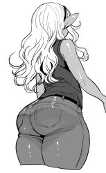 Rule 34 | 1girl, ass, bare shoulders, dark skin, dark-skinned female, denim, elf-san wa yaserarenai., from behind, greyscale, hairband, highres, huge ass, jeans, kuroeda-san, long hair, monochrome, pants, pointy ears, simple background, sleeveless, solo, synecdoche, thick thighs, thighs, white background