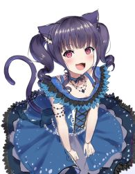 Rule 34 | 1girl, animal ears, bang dream!, blue choker, blue dress, blue neckwear, blue skirt, blunt bangs, blush, cat ears, cat tail, choker, collarbone, commentary request, dress, drill hair, fang, from above, gloves, jewelry, lace, layered dress, looking at viewer, mia (fai1510), necklace, neckwear request, open mouth, purple hair, red eyes, short hair, sidelocks, simple background, skirt, smile, solo, tail, twintails, udagawa ako, white background, white gloves