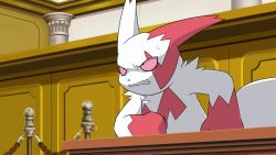 Rule 34 | ace attorney, angry, clenched hands, column, commentary request, creatures (company), frown, furry, game freak, gen 3 pokemon, highres, indoors, matchstick 39, nintendo, no humans, pillar, pokemon, pokemon (creature), red eyes, rope, sweat, tail, teeth, white fur, zangoose