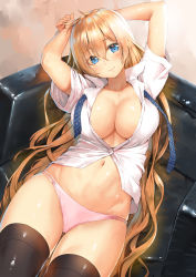 Rule 34 | 1girl, arms up, b-ginga, black thighhighs, blonde hair, blue eyes, blue neckwear, breasts, cleavage, closed mouth, collarbone, collared shirt, commentary request, couch, groin, hair between eyes, large breasts, long hair, looking at viewer, loose neckwear, navel, neck ribbon, no bra, original, panties, partially unbuttoned, pink panties, reclining, shirt, sidelocks, skindentation, smile, solo, stomach, thighhighs, underwear, undone neck ribbon, white shirt