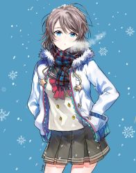 Rule 34 | 1girl, :o, absurdres, artist name, blue background, blue eyes, bow, bowtie, breath, buttons, cowboy shot, double-breasted, drawstring, fur-trimmed jacket, fur trim, grey hair, hands in pockets, highres, hyugo, jacket, long sleeves, looking at viewer, love live!, love live! sunshine!!, md5 mismatch, plaid, plaid scarf, pleated skirt, red bow, red bowtie, resolution mismatch, scarf, school uniform, serafuku, short hair, skirt, snow on head, snowflakes, snowing, solo, source smaller, star (symbol), uranohoshi school uniform, watanabe you