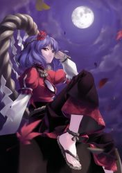 Rule 34 | 1girl, absurdres, anklet, barefoot, cloud, feet, female focus, hair ornament, highres, jewelry, leaf, leaf hair ornament, moon, night, night sky, purple hair, red eyes, rokuwata tomoe, rope, sandals, short hair, sky, smile, solo, star (sky), starry sky, toes, touhou, yasaka kanako