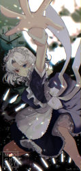 Rule 34 | 1girl, apron, arm up, back bow, blue dress, blue eye, bow, clock, closed mouth, commentary request, dated, dress, foot out of frame, foreshortening, heterochromia, highres, izayoi sakuya, looking at viewer, maid apron, maid headdress, medium hair, mochacot, moon, parted bangs, red eyes, short sleeves, signature, solo, touhou, white apron, white bow, white hair