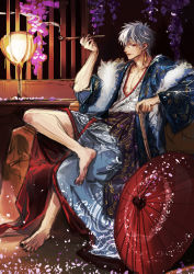 Rule 34 | barefoot, black nails, closed mouth, coat, earrings, flower, fur collar, gintama, hand up, highres, holding, holding smoking pipe, japanese clothes, jewelry, kimono, kiseru, long sleeves, looking at viewer, nail polish, oil-paper umbrella, open clothes, open coat, smoking pipe, purple flower, red eyes, red umbrella, sakata gintoki, sitting, sketch, soles, solo, toenail polish, toenails, umbrella, uraki (tetsu420), white hair, white kimono, wide sleeves, wisteria