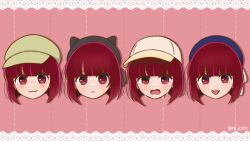 Rule 34 | 4girls, animal ears, arima kana, beret, blue headwear, bob cut, cat ears, closed mouth, crying, crying with eyes open, green headwear, hat, hat ribbon, inverted bob, light blush, mi e1111, multiple girls, open mouth, oshi no ko, pink background, red eyes, red hair, ribbon, short hair, smile, tears, white headwear