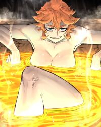 Rule 34 | 1girl, black clover, blue eyes, breasts, cleavage, large breasts, lava, lava bath, limn044, looking at viewer, mereoleona vermillion, orange hair, short hair, smile, solo, steam