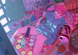 Rule 34 | 1girl, blue eyes, blue shirt, bookshelf, cactus, can, chopsticks, coin, controller, female focus, figure, game controller, gamepad, indoors, looking at viewer, mahha, marvel, messy room, no pants, original, oversized clothes, oversized shirt, panties, pink hair, plant, potted plant, reclining, remote control, shirt, short hair, solo, spider-man, spider-man (series), t-shirt, television, throwing, tissue box, trash can, underwear, window