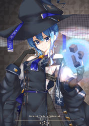 Rule 34 | 1girl, absurdres, alternate costume, block (object), blue eyes, blue hair, commentary request, english text, gloves, hair between eyes, hat, highres, hololive, hoshimachi suisei, jacket, looking at viewer, short hair with long locks, simple background, solo, tetris, uhen, virtual youtuber, witch hat