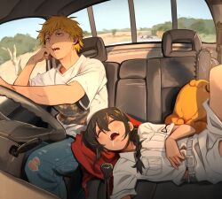 1boy 1girl 1other absurdres alternate_costume barem_(chainsaw_man) belt black_hair blonde_hair blue_sky braid breast_pocket brown_eyes chainsaw_man clenched_hand commentary crossed_bangs day denim denji_(chainsaw_man) driving drooling dutch_angle english_commentary family_guy_death_pose_(meme) gradient_sky grey_belt hand_on_own_cheek hand_on_own_face head_rest highres jacket jeans khyle. light_blush long_hair meme messy_hair motor_vehicle nayuta_(chainsaw_man) open_mouth outdoors pants pochita_(chainsaw_man) pocket print_shirt road safari_jacket sharp_teeth shirt short_hair shorts sidelocks single_braid sky sleeping steering_wheel teeth torn_clothes torn_jeans torn_pants tree truck vehicle_interior white_jacket white_shirt white_shorts