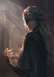Rule 34 | 1girl, absurdres, arch, back, bandaged arm, bandages, blindfold, blonde hair, braid, building, capelet, cloak, closed mouth, dark souls (series), dark souls i, dark souls iii, fire keeper, gloves, highres, jewelry, jlien-, light particles, long hair, looking back, mask, shade, silver hair, single braid, smile, solo, sunlight, upper body