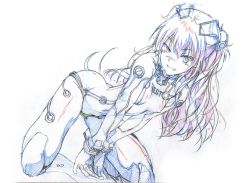 Rule 34 | 1girl, :d, all fours, breasts, covered erect nipples, covered navel, dutch angle, hair between eyes, hairpods, interface headset, long hair, looking at viewer, monochrome, neon genesis evangelion, open mouth, plugsuit, signature, simple background, skin tight, small breasts, smile, solo, souryuu asuka langley, test plugsuit, white background
