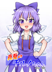 Rule 34 | 1girl, blue bow, blue dress, blue eyes, blue hair, blush, bow, cirno, commentary request, cover, cover page, cowboy shot, detached wings, doujin cover, dress, hair bow, hands on own hips, highres, ice, ice wings, itou yuuji, looking at viewer, open mouth, short hair, short sleeves, smile, solo, straight-on, sweat, touhou, wings