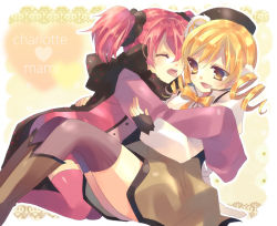 Rule 34 | 10s, 2girls, bad id, bad pixiv id, beret, blonde hair, bow, charlotte (madoka magica), closed eyes, drill hair, fingerless gloves, gloves, hat, hug, kosuzume, long hair, mahou shoujo madoka magica, mahou shoujo madoka magica (anime), multiple girls, personification, pink hair, puffy sleeves, short twintails, smile, thighhighs, tomoe mami, tongue, twintails, yellow eyes, yuri