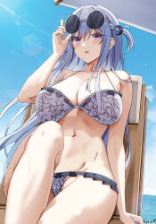 Rule 34 | 1girl, adjusting eyewear, artist name, beach, beach chair, beach umbrella, bikini, blush, braid, breasts, cleavage, cloud, commission, commissioner upload, crescent, crescent hair ornament, day, dot nose, eyewear on head, french braid, frilled bikini, frills, grey hair, hair ornament, hand up, highres, keenh, large breasts, leg up, light purple hair, long hair, looking at viewer, navel, on chair, open mouth, original, patterned clothing, purple eyes, side ahoge, sidelocks, signature, sitting, smile, solo, sunglasses, sunlight, swept bangs, swimsuit, umbrella, water, white bikini, white umbrella