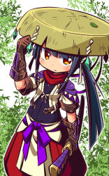 Rule 34 | 1girl, arm up, black hair, blush, brown eyes, brown gloves, brown hat, closed mouth, commentary request, copyright request, crystal, elbow gloves, gloves, hand on headwear, hat, holding, holding sheath, jacket, katana, leaf, long hair, looking at viewer, naga u, pants, puffy pants, red pants, sandogasa, sheath, sheathed, short sleeves, sidelocks, solo, sword, very long hair, weapon, white background, white jacket