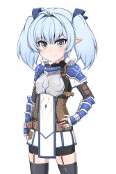 Rule 34 | 1girl, armor, ass, belt, blue hair, blush, breasts, coco ankou, gloves, highres, pointy ears, ribbon, smile, white eyes