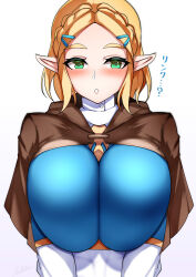 Rule 34 | 1girl, absurdres, alternate breast size, blonde hair, blue shirt, blush, braid, breasts, crown braid, green eyes, highres, huge breasts, impossible clothes, impossible shirt, looking at viewer, nintendo, open mouth, pointy ears, princess zelda, shirt, simple background, solo, the legend of zelda, the legend of zelda: breath of the wild, the legend of zelda: tears of the kingdom, tiamat (momokuri mannen), upper body, white background