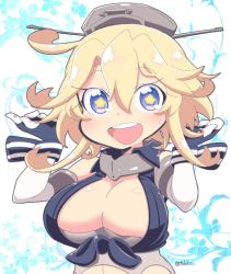 Rule 34 | 10s, 1girl, alternate hair length, alternate hairstyle, bare shoulders, blonde hair, blue eyes, breasts, cleavage, elbow gloves, artistic error, fingerless gloves, gloves, headgear, iowa (kancolle), kantai collection, large breasts, looking at viewer, open mouth, short hair, smile, solo, star-shaped pupils, star (symbol), symbol-shaped pupils, tsukko (3ki2ne10), upper body