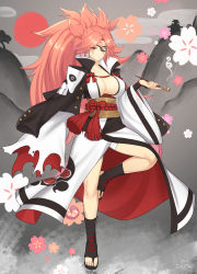 Rule 34 | 1girl, absurdres, amputee, baiken, bandages, bare legs, big hair, black jacket, black kimono, breasts, cherry blossoms, cleavage, eyepatch, facial mark, flower, full body, guilty gear, guilty gear strive, highres, hill, holding, holding smoking pipe, huge breasts, jacket, jacket on shoulders, japanese clothes, kimono, looking at viewer, multicolored clothes, multicolored kimono, one-eyed, open clothes, open kimono, petals, pink hair, smoking pipe, ponytail, red eyes, sakotach, samurai, sandals, sash, scar, scar across eye, scar on face, simple background, skull print, sky, smoke, standing, standing on one leg, sun, weapon, white background, white kimono