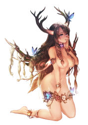 Rule 34 | 1girl, anklet, antlers, barefoot, breasts, brown hair, bug, butterfly, censored, convenient censoring, dryad, finger to mouth, full body, hair censor, highres, horns, insect, instant ip, jewelry, large breasts, long hair, looking at viewer, lots of jewelry, mole, mole on breast, monster girl, original, plant girl, purple hair, simple background, solo, very long hair, white background