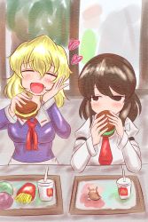 Rule 34 | 2girls, absurdres, bad id, bad pixiv id, blonde hair, brown hair, burger, commentary request, crumbs, cup, disposable cup, drinking straw, eating, food, french fries, happy, highres, lettuce, looking at another, maribel hearn, mcdonald&#039;s, multiple girls, no headwear, ron samu jouji, sitting, slug, stuffed toy, touhou, usami renko