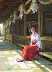 Rule 34 | 1girl, architecture, brown hair, building, day, east asian architecture, hands on lap, highres, japanese clothes, kimono, long sleeves, original, sandals, sash, shaded face, shengyi sun, short hair, sitting, socks, solo, vanishing point, wide sleeves