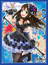 Rule 34 | 10s, 1girl, bad id, bad pixiv id, bare shoulders, black gloves, black thighhighs, bodice, bow, breasts, brown hair, bug, butterfly, cleavage, collarbone, corsage, flower, framed, frilled skirt, frills, garter straps, gloves, green eyes, hair bow, hair flower, hair ornament, highres, idolmaster, idolmaster cinderella girls, insect, long hair, microphone, microphone stand, mirai denki, open mouth, shibuya rin, skirt, solo, thighhighs, zettai ryouiki