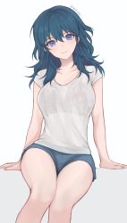 Rule 34 | 1girl, arm support, banned artist, blue eyes, blue hair, blue shorts, breasts, byleth (female) (fire emblem), byleth (fire emblem), collarbone, feet out of frame, fire emblem, fire emblem: three houses, grey background, head tilt, highres, large breasts, long hair, looking at viewer, micro shorts, nintendo, shimizu akina, shirt, short sleeves, shorts, simple background, sitting, smile, solo, thighs, white shirt