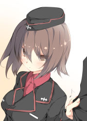 Rule 34 | 10s, 1girl, absurdres, black jacket, brown eyes, brown hair, commentary request, garrison cap, girls und panzer, hat, highres, jacket, nishizumi maho, out of frame, red shirt, shirt, short hair, simple background, solo focus, tabuchi (tabuchisanchi)