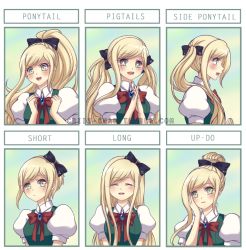 Rule 34 | 1girl, :d, alternate hair length, alternate hairstyle, black bow, blonde hair, bow, bowtie, criis-chan, danganronpa (series), danganronpa 2: goodbye despair, green eyes, hair bow, hand on own cheek, hand on own face, high ponytail, long hair, looking at viewer, multiple views, open mouth, print bow, red bow, red neckwear, shirt, short hair, short sleeves, side ponytail, smile, sonia nevermind, sparkling eyes, twintails, upper body, very long hair, watermark, web address, white shirt