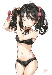 Rule 34 | 1girl, ;), ahoge, bad id, bad pixiv id, bikini, black bikini, black hair, bow, breasts, commentary request, cowboy shot, hair bow, unworn hair bow, hair tie, halterneck, hands up, looking at viewer, love live!, love live! school idol project, navel, one eye closed, pink bow, red eyes, sidelocks, signature, simple background, small breasts, smile, solo, swimsuit, takenoko no you, twintails, tying hair, wavy hair, white background, wrist bow, yazawa nico