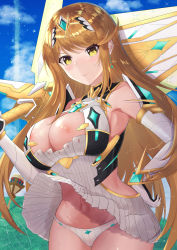 Rule 34 | 1girl, absurdres, aegis sword (xenoblade), armor, backless dress, backless outfit, bare shoulders, blonde hair, breasts, chest jewel, cleavage, cleavage cutout, clothing cutout, commentary request, dangle earrings, dress, earrings, elbow gloves, gloves, hand on own hip, highres, jewelry, large breasts, leggings, long hair, midriff, miniskirt, mythra (massive melee) (xenoblade), mythra (xenoblade), neon trim, nintendo, nipples, panties, pleated dress, shiratamaaji, short dress, skirt, sleeveless, solo, super smash bros., swept bangs, tiara, underwear, very long hair, white dress, white gloves, white panties, white skirt, xenoblade chronicles (series), xenoblade chronicles 2, yellow eyes