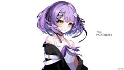 1girl artist_name bare_shoulders black_choker black_jacket black_ribbon chemise choker collarbone ghost_hair_ornament hair_ornament hair_ribbon jacket looking_at_viewer off_shoulder official_art parted_bangs parted_lips pokimari purple_hair ribbon shinomiya_runa solo twintails upper_body virtual_youtuber vspo! white_background white_chemise x_hair_ornament yellow_eyes