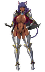 Rule 34 | 1girl, animal ears, aoi nagisa (metalder), areola slip, armor, armored boots, bikini armor, blue hair, blush, boots, breasts, capelet, cat ears, cat tail, center opening, dark-skinned female, dark elf, dark skin, delva celebrian, elf, female focus, full body, gradient hair, hand on own hip, highres, huge breasts, impossible clothes, large breasts, long hair, looking at viewer, monster girl, multicolored hair, navel, official art, pointy ears, purple hair, revealing clothes, serious, shiny skin, simple background, solo, sword, tail, thigh boots, thighhighs, weapon, white background, yellow eyes, youkoso! sukebe elf no mori e