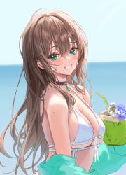 Rule 34 | 1girl, absurdres, bad id, bad twitter id, bare shoulders, beach, bikini, breasts, brown hair, choker, cleavage, coconut, drinking straw, dripping, green eyes, grin, highres, large breasts, long hair, looking at viewer, lujang (fudge), medium breasts, original, smile, solo, swimsuit, unfinished, upper body, wet, white bikini