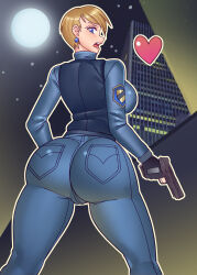 Rule 34 | 1girl, absurdres, black gloves, blonde hair, blue eyes, breasts, city, earrings, feet out of frame, female focus, fingerless gloves, from behind, full moon, gloves, gluteal fold, gun, heart, highres, holding, holding gun, holding weapon, jewelry, large breasts, legs apart, long sleeves, looking at viewer, looking back, moon, nauth, open mouth, pants, police, police uniform, policewoman, short hair, sideboob, solo, sonic x, standing, teeth, thighs, tongue, topaz (sonic), uniform, upper teeth only, vest, weapon