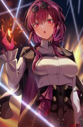 Rule 34 | 1girl, :o, absurdres, black coat, blush, braid, breasts, breasts apart, chest cutout, coat, coat on shoulders, collared shirt, commentary, contrapposto, flaming hand, gloves, grey skirt, hair between eyes, highres, honkai: star rail, honkai (series), kafka (honkai: star rail), lapels, light particles, long hair, long sleeves, looking at viewer, medium breasts, musson, open mouth, pencil skirt, purple coat, purple eyes, purple gloves, purple hair, shirt, shirt tucked in, sidelocks, skirt, solo, sparks, two-sided coat, two-sided fabric, upper body, white shirt
