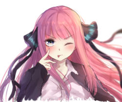 Rule 34 | 1girl, artist name, black jacket, black ribbon, closed mouth, collared shirt, commentary request, dress shirt, go-toubun no hanayome, hair ribbon, jacket, lawnielle, long hair, long sleeves, nakano nino, one eye closed, open clothes, open jacket, purple eyes, red hair, ribbon, shirt, simple background, sleeves past wrists, solo, tongue, tongue out, two side up, v-shaped eyebrows, very long hair, white background, white shirt