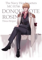 Rule 34 | 1boy, blonde hair, character name, crossed legs, donquixote rocinante, epaulettes, formal, highres, jacket, jacket on shoulders, male focus, military, military uniform, one piece, sitting, solo, uniform