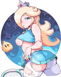 Rule 34 | 1girl, ass, bare shoulders, blonde hair, blue background, bright pupils, brooch, clothes lift, crown, earrings, from behind, hair over one eye, half-closed eyes, ioh, jewelry, long hair, looking back, luma (mario), mario (series), mario tennis, mario tennis: ultra smash, nintendo, parted lips, pink lips, racket, rosalina, shirt lift, skirt, solo, sportswear, tennis racket, tennis uniform, torn clothes, torn legwear, underbust, white pupils