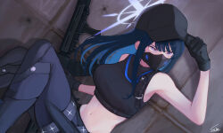 Rule 34 | 1girl, absurdres, arm up, armpits, assault rifle, bare shoulders, baseball cap, belt, black belt, black gloves, black hair, black hat, black mask, black pants, black shirt, blue archive, blue eyes, blue hair, breasts, buckle, chest harness, commentary request, crop top, gloves, gun, halo, harness, hat, highres, holster, knife sheath, long hair, looking to the side, mask, medium breasts, midriff, mouth mask, multicolored hair, navel, no coat, pants, partial commentary, rifle, saba miso (ver 18), saori (blue archive), shadow, sheath, shirt, sig 516, signature, sleeveless, sleeveless shirt, snap-fit buckle, solo, squatting, thigh holster, two-tone hair, underbust, wall, weapon