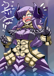 Rule 34 | 1girl, armor, armored dress, bare shoulders, black eyes, blush, borrowed character, bracer, breasts, clenched hand, constricted pupils, corset, demon girl, elbow gloves, faulds, full-face blush, gloves, hair over one eye, highres, horns, jewelry, large breasts, long hair, necklace, nise maou kanizeru, open mouth, original, pointing, pointing up, purple hair, sharp teeth, sidelocks, simple background, solo, teeth, tukiwani, wavy hair, yuusha to maou